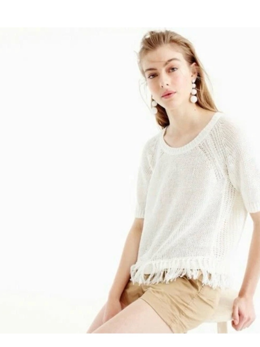 J. Crew Cream Knit Fringe-Trim Top. Size Small - Picture 9 of 9